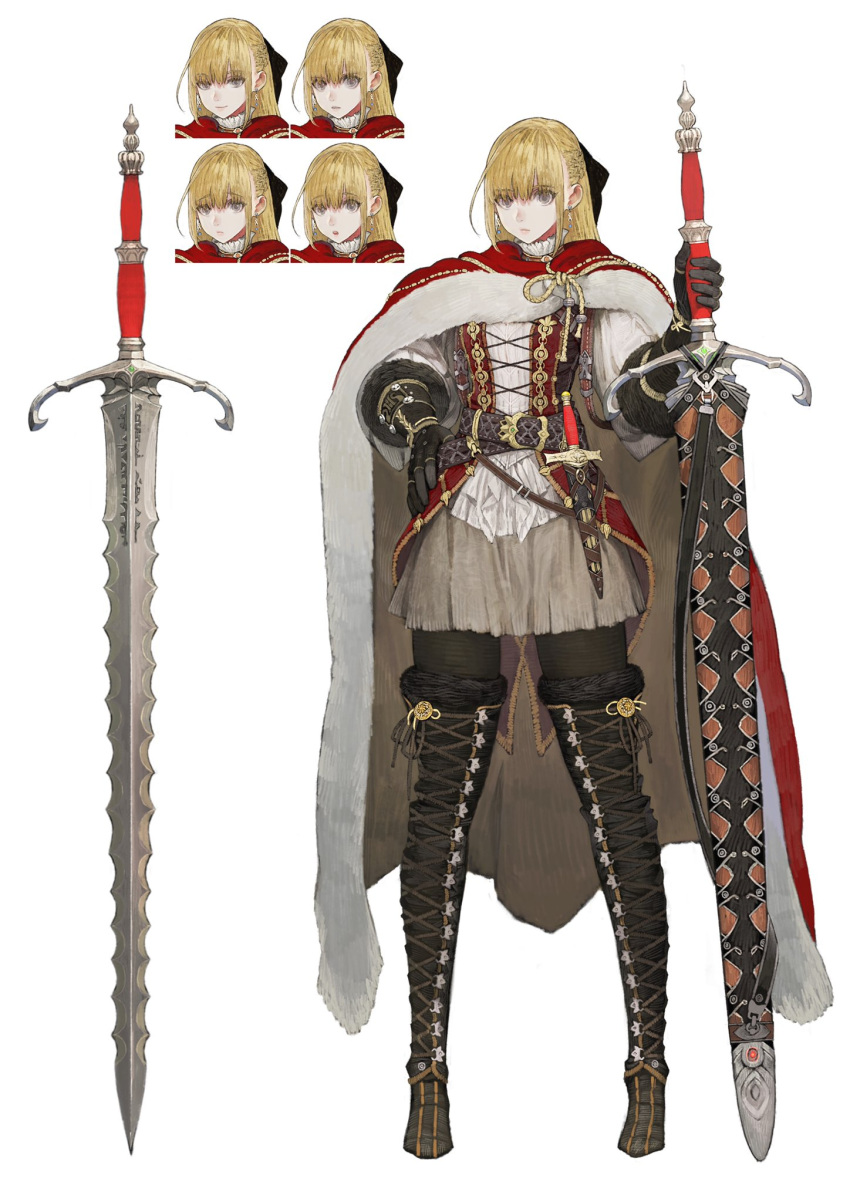 1girl, armor, blonde_hair, cape, dagger, expressions, flamberge, highres, jun_(seojh1029), knight, long_hair, original, pantyhose, redhead, sheath, sword, thigh-highs, weapon, yellow_eyes