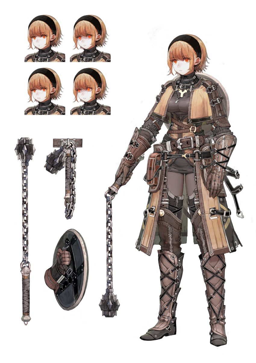 1girl, armor, belt, blonde_hair, capelet, expressions, flail, highres, jun_(seojh1029), knight, original, red_eyes, shield, solo, weapon