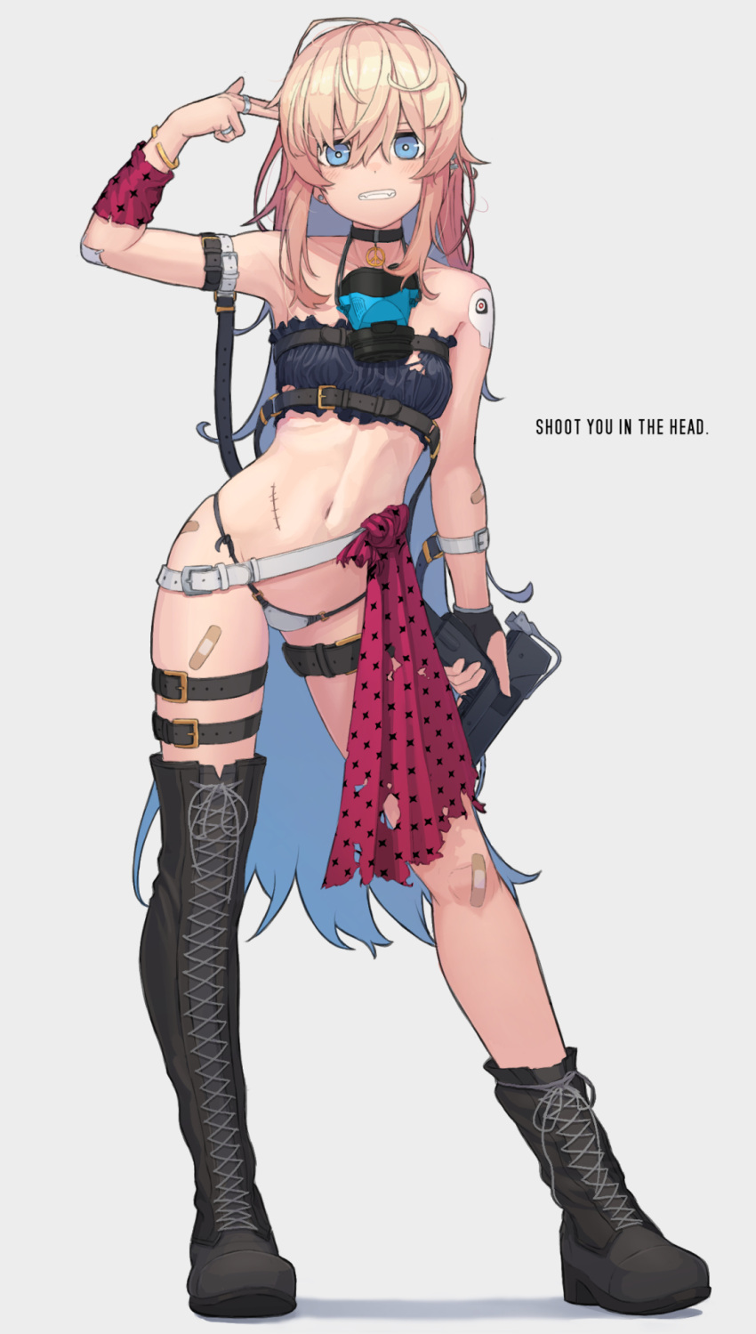 1girl, arm_at_side, bandaid, black_footwear, black_gloves, blonde_hair, blue_eyes, boots