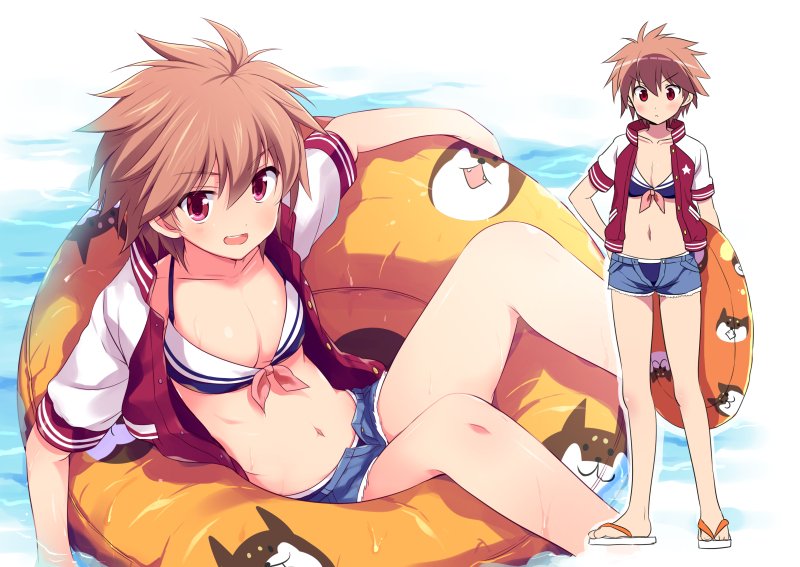 1girl, animal_print, bangs, bikini, blue_bikini, blue_shorts, breasts, brown_hair