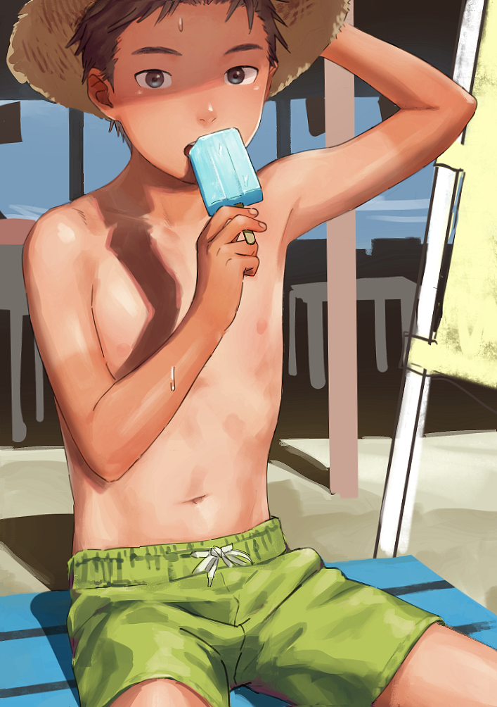 1boy, b_gent, brown_eyes, brown_hair, food, hat, looking_at_viewer, male_focus
