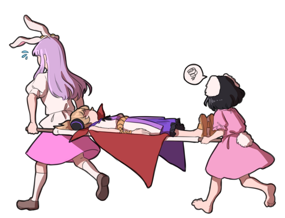 3girls, animal_ears, barefoot, black_hair, blonde_hair, bunny_tail, carrying, commentary_request