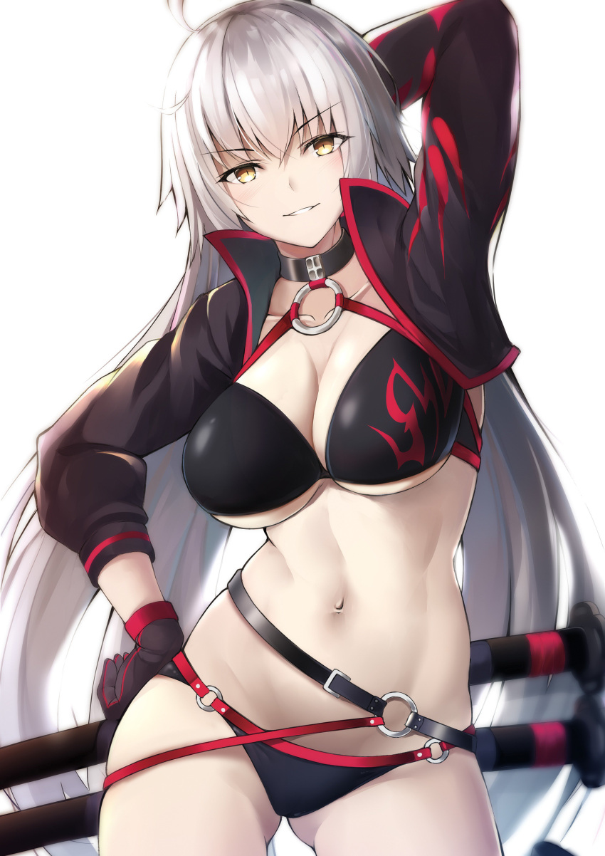 1girl, absurdres, ahoge, arm_behind_head, arm_up, bangs, belt, bikini
