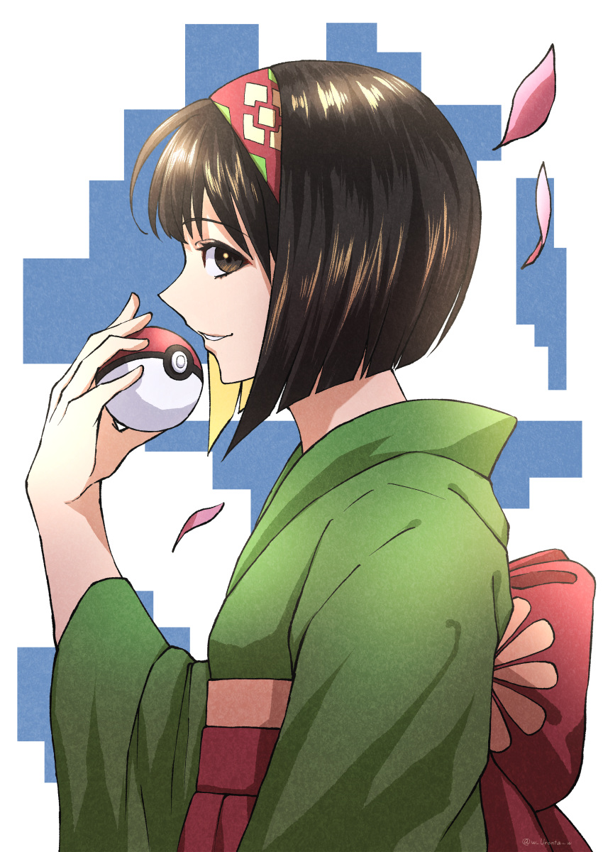 1girl, absurdres, back_bow, black_hair, bow, brown_eyes, creatures_(company), erika_(pokemon)