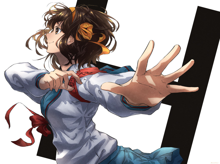 1girl, absurdres, armband, blue_sailor_collar, blue_skirt, brown_eyes, brown_hair, from_side