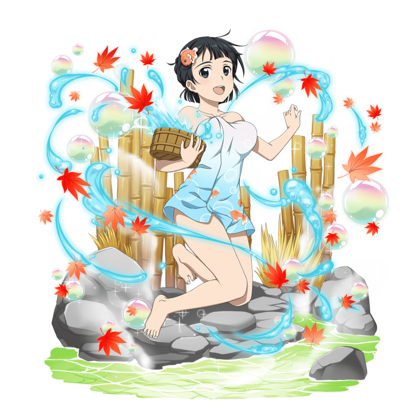 1girl, :d, animal_print, autumn_leaves, bamboo, barefoot, basket, black_eyes