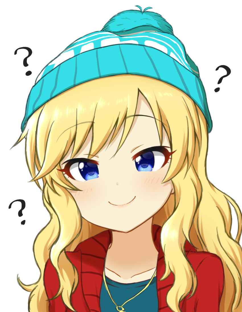 1girl, ?, blonde_hair, blue_eyes, blue_hat, blush, collarbone, commentary_request