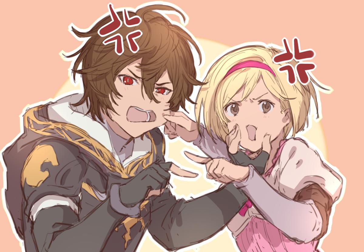 1boy, 1girl, anger_vein, annoyed, armor, blonde_hair, brown_eyes, brown_hair, cheek_pinching, djeeta_(granblue_fantasy), fingerless_gloves, gauntlets, gloves, granblue_fantasy, hairband, hood, mire_eeeei, open_mouth, pinching, pink_hairband, puffy_short_sleeves, puffy_sleeves, red_eyes, sandalphon_(granblue_fantasy), short_hair, short_sleeves