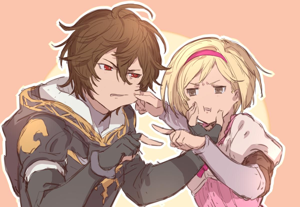 1boy, 1girl, annoyed, armor, blonde_hair, brown_eyes, brown_hair, cheek_pinching