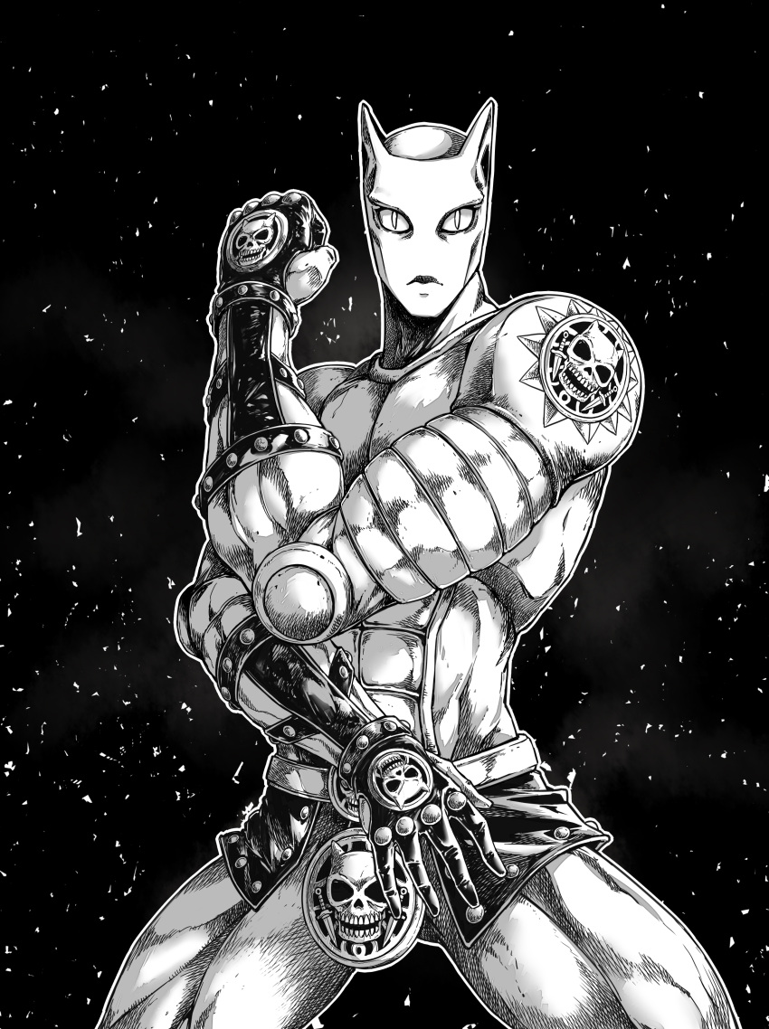 1boy, a4typhoon, absurdres, diamond_wa_kudakenai, gloves, greyscale, highres, jojo_no_kimyou_na_bouken
