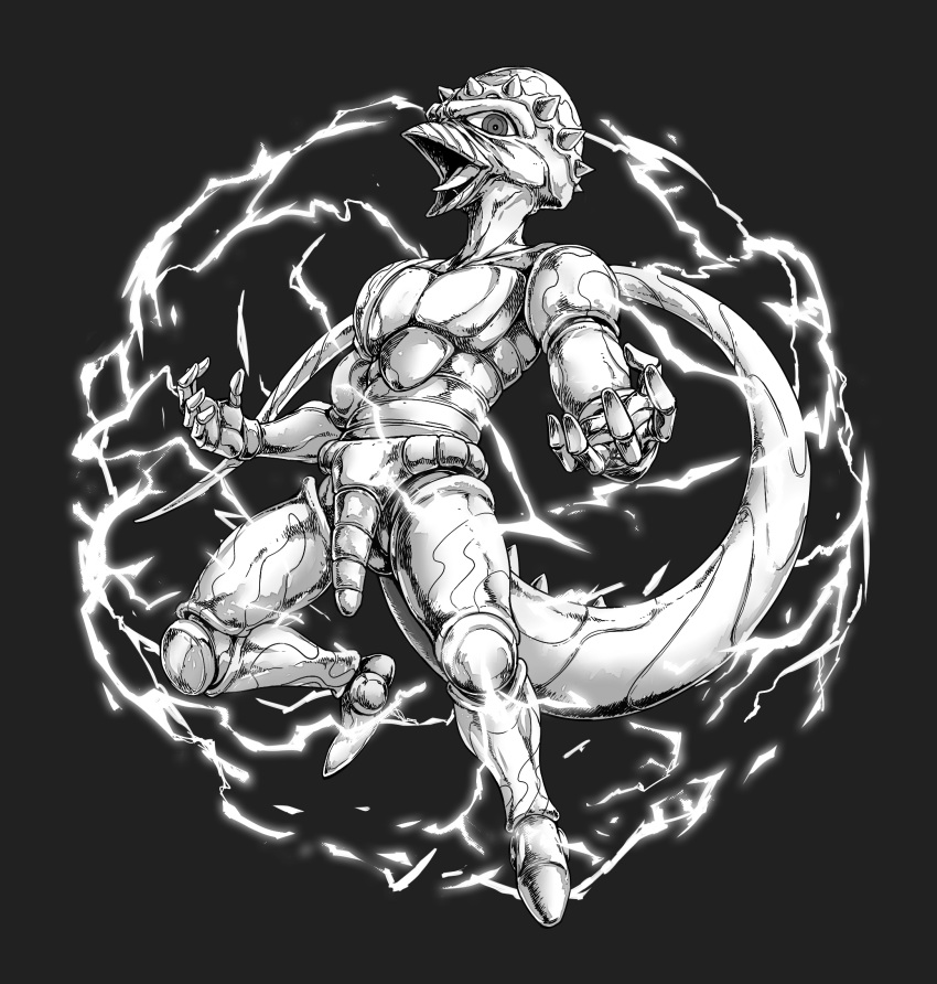 1boy, a4typhoon, beak, diamond_wa_kudakenai, electricity, greyscale, highres, jojo_no_kimyou_na_bouken