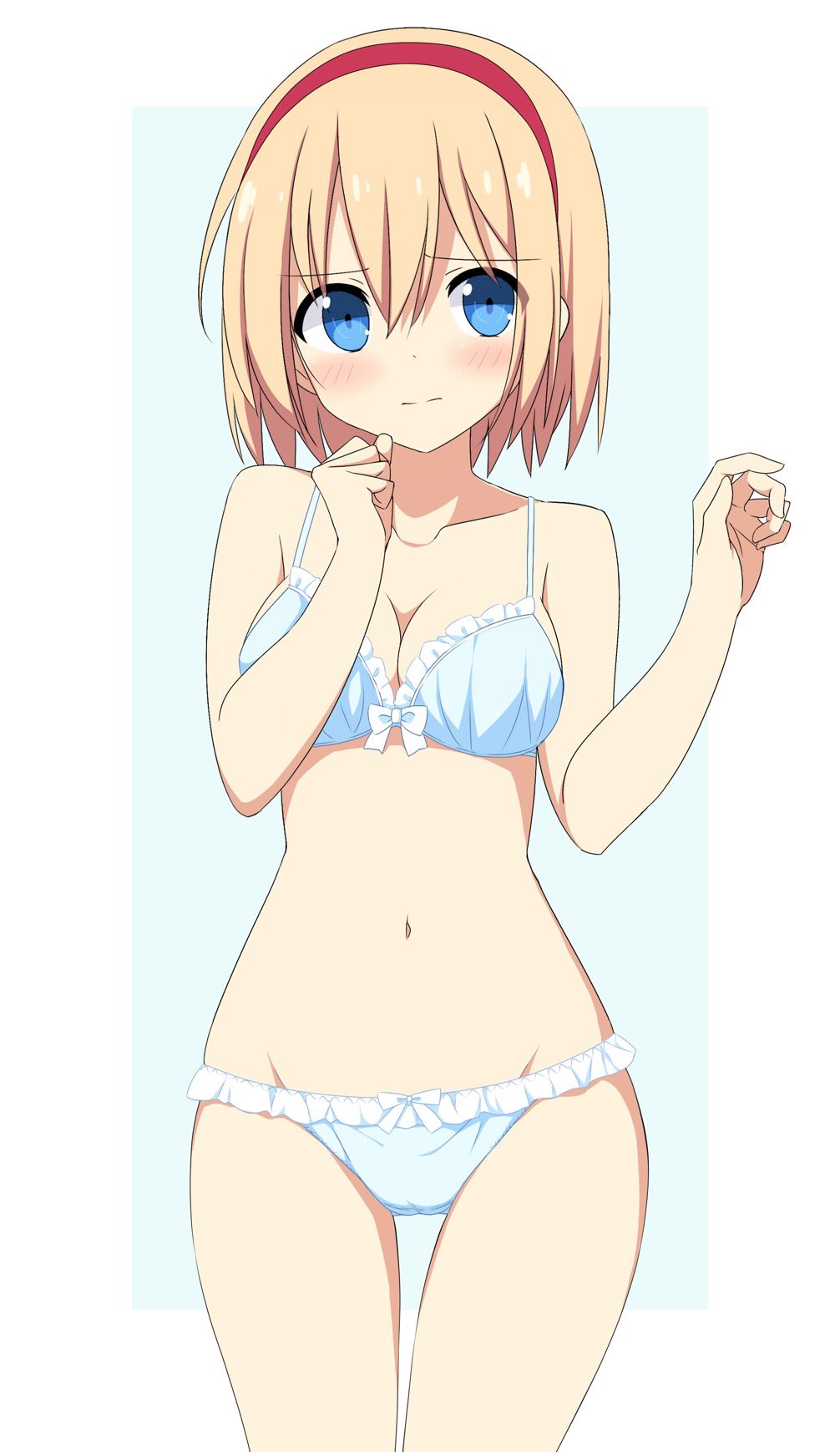 1girl, alice_margatroid, bangs, bare_arms, bare_shoulders, blonde_hair, blue_background, blue_bra