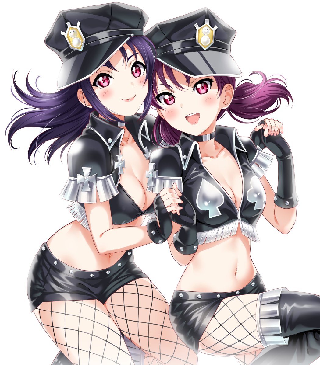 2girls, alternate_hairstyle, bangs, believe_again, black_gloves, boots, breasts, choker