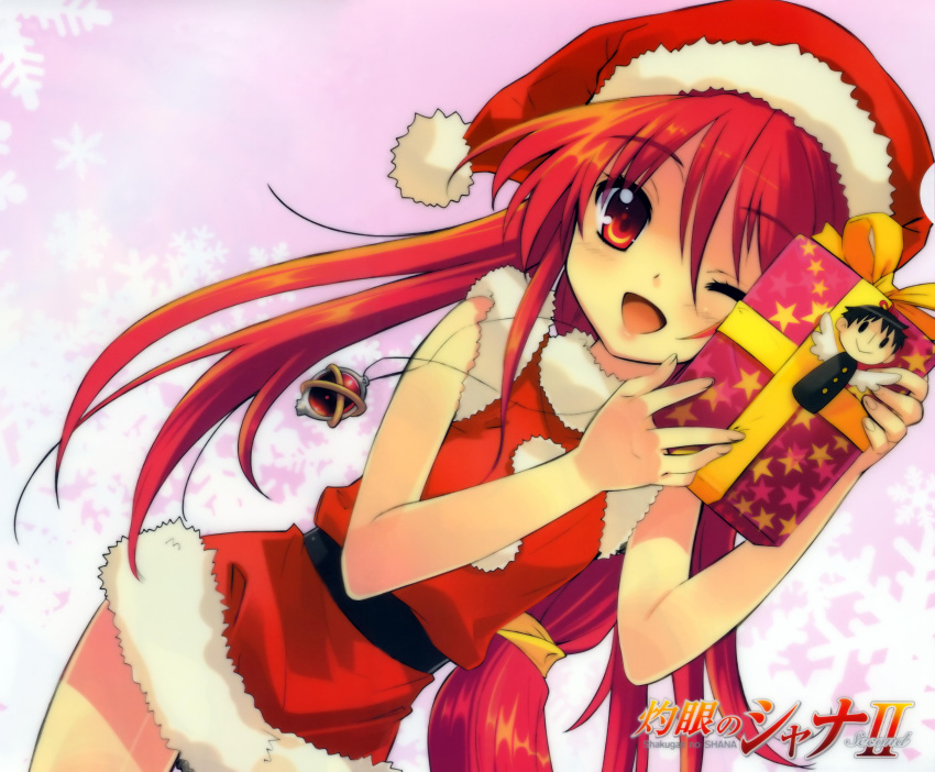 alastor, angel_wings, christmas, gem, gift, gift_box, jewelry, long_hair, looking_at_viewer, necklace, open_mouth, pink_background, red_eyes, red_hair, santa_costume, santa_hat, shakugan_no_shana, shana, smile, snowflakes, tagme, wink