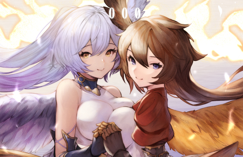 2girls, angel_wings, azrael_(granblue_fantasy), bangs, bare_shoulders, blush, breast_press, breasts