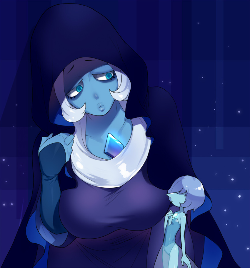 2girls, blue_diamond_(steven_universe), blue_dress, blue_eyes, blue_pearl_(steven_universe), blue_skin, breasts, chest_jewel
