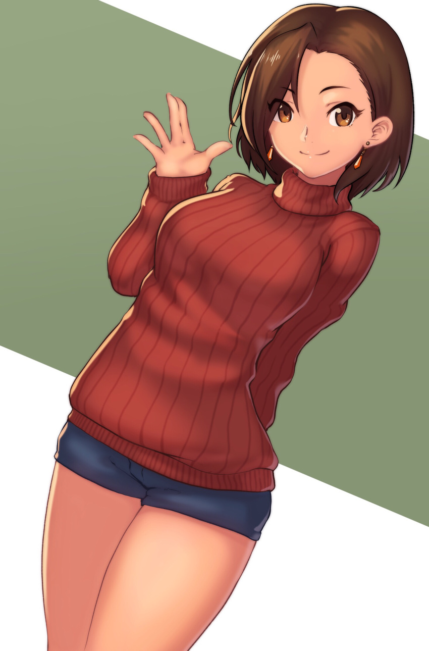 1girl, arm_behind_back, bangs, batayu, blush, breasts, brown_eyes, brown_hair