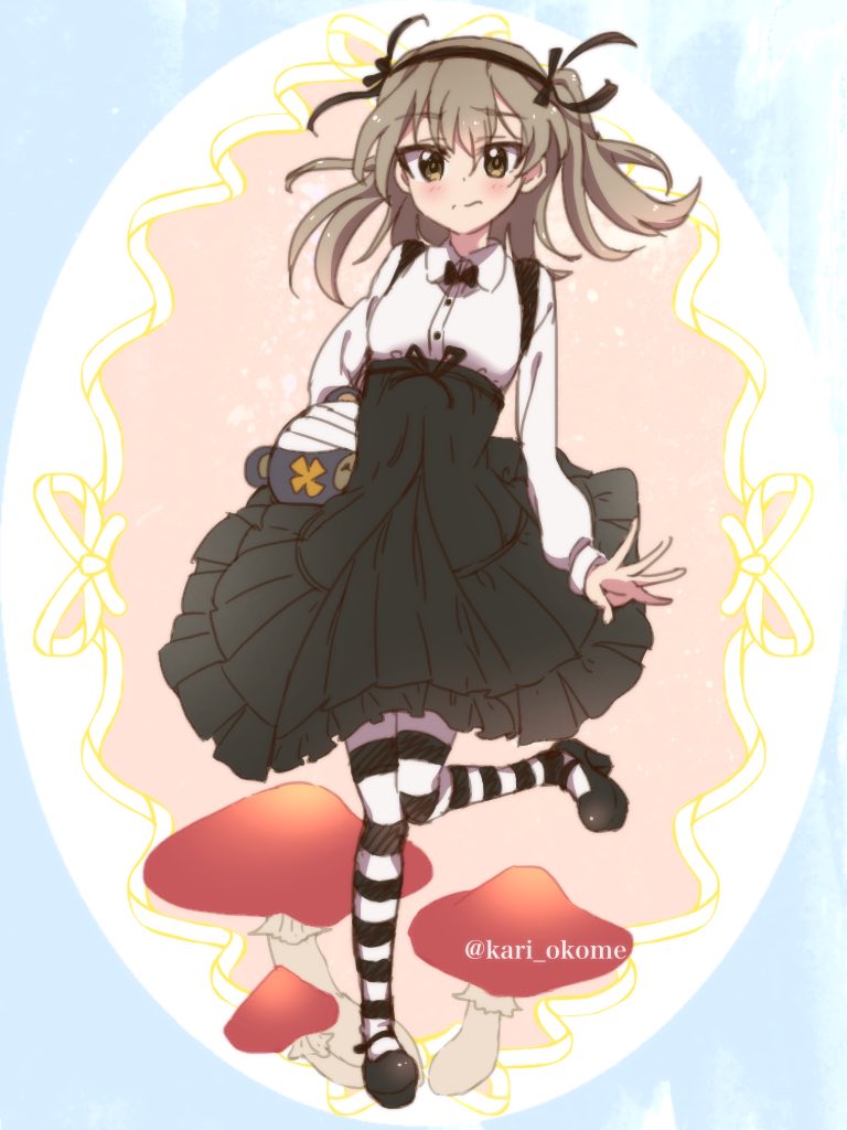 1girl, bandage, bangs, black_footwear, black_legwear, black_neckwear, black_ribbon, black_skirt