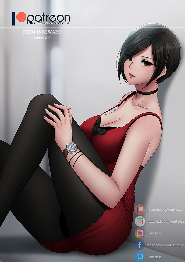 1girl, ada_wong, bare_shoulders, black_bra, black_hair, bra, bracelet, breasts, brown_eyes, choker, cleavage, closed_mouth, collarbone, dress, gantsuki, jewelry, large_breasts, pantyhose, red_dress, resident_evil, resident_evil_2, short_hair, sitting, solo, underwear, watch