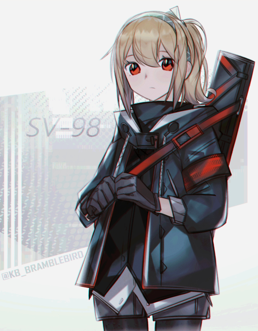 1girl, attache_case, bag, black_gloves, black_legwear, blonde_hair, blue_hairband, character_name