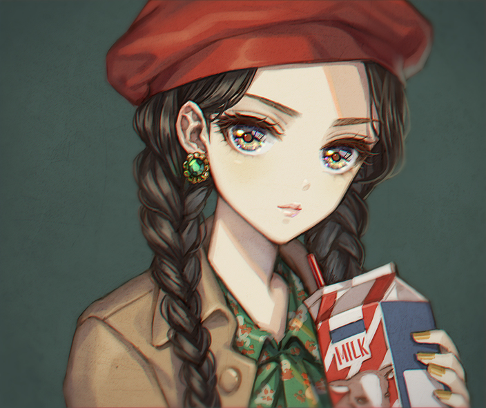 1girl, anna_(jinrou_judgment), beret, black_hair, braid, brown_eyes, casual, contemporary
