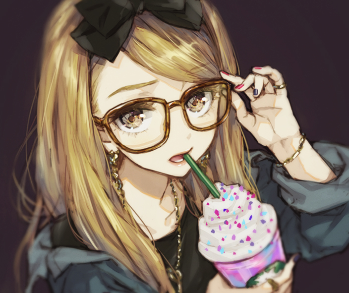 1girl, blonde_hair, bow, brown_eyes, casual, contemporary, dress, drink