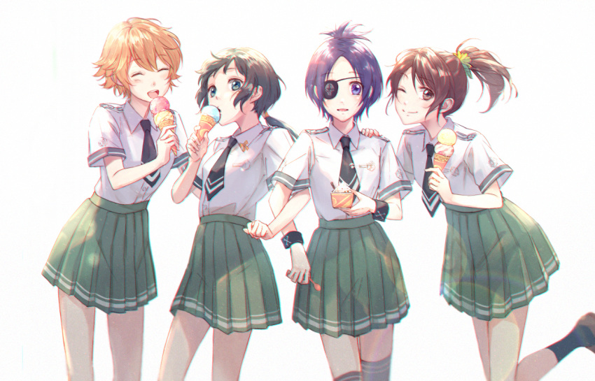 akirakarin, breasts, chrome_dokuro, closed_mouth, commentary_request, eyepatch, katekyo_hitman_reborn, looking_at_viewer, medium_hair, miura_haru, multiple_girls, purple_hair, sasagawa_kyouko, school_uniform, shiratama_akari, short_hair, simple_background, skull, uni_(reborn), violet_eyes, white_background