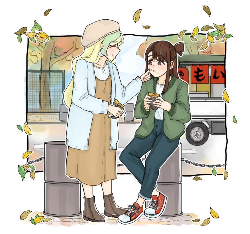 alternate_costume, artist_request, blush, brown_hair, closed_eyes, clouds, cloudy_sky, couple, diana_cavendish, dress, food, food_cart, green_jacket, happy, jacket, kagari_atsuko, leaf, little_witch_academia, long_hair, multicolored_hair, red_eyes, shirt, shoes, sky, smile, sneakers, tree, white_shirt, yuri