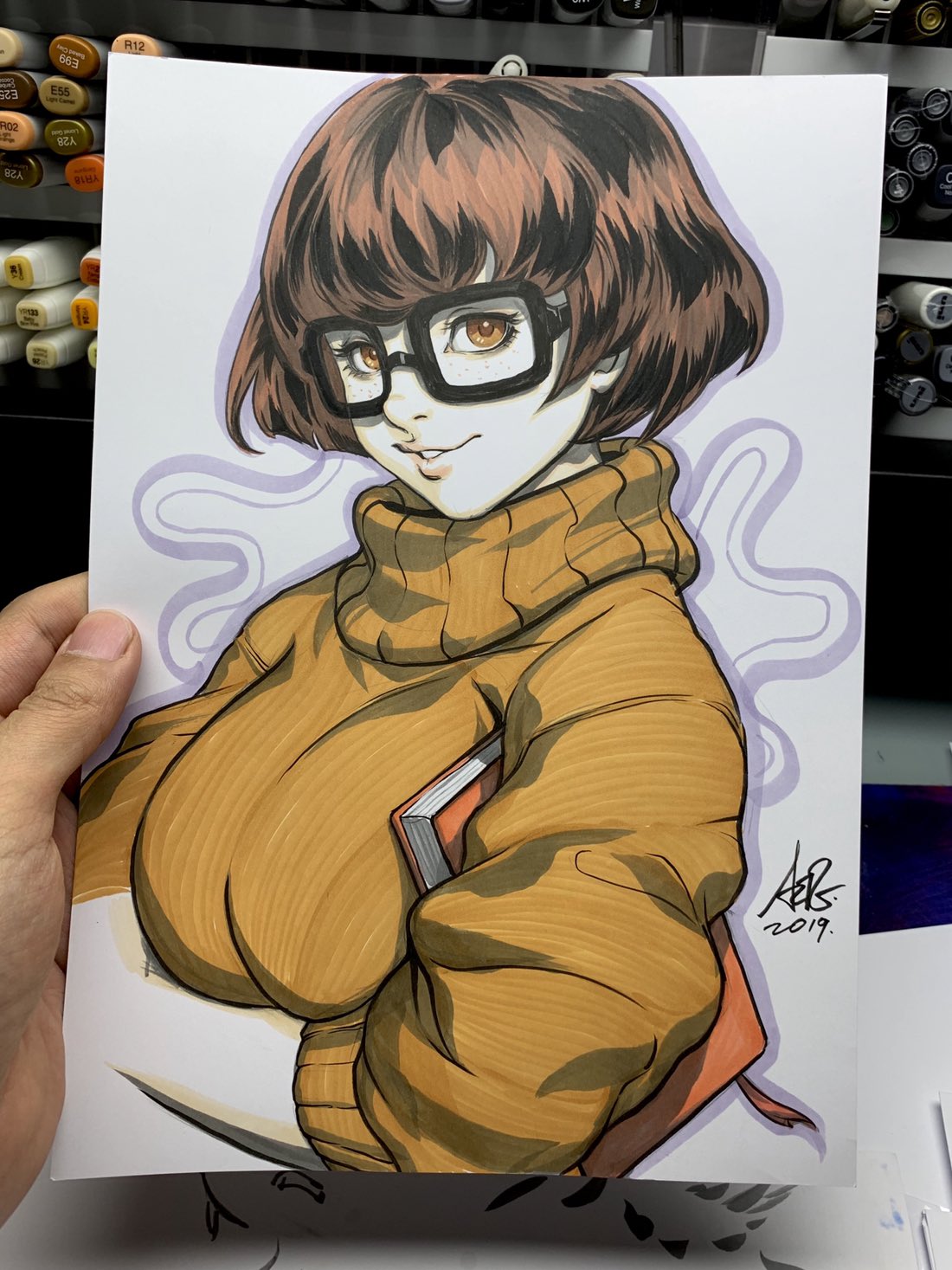 1girl, bangs, book, breasts, brown_eyes, brown_hair, dated, glasses