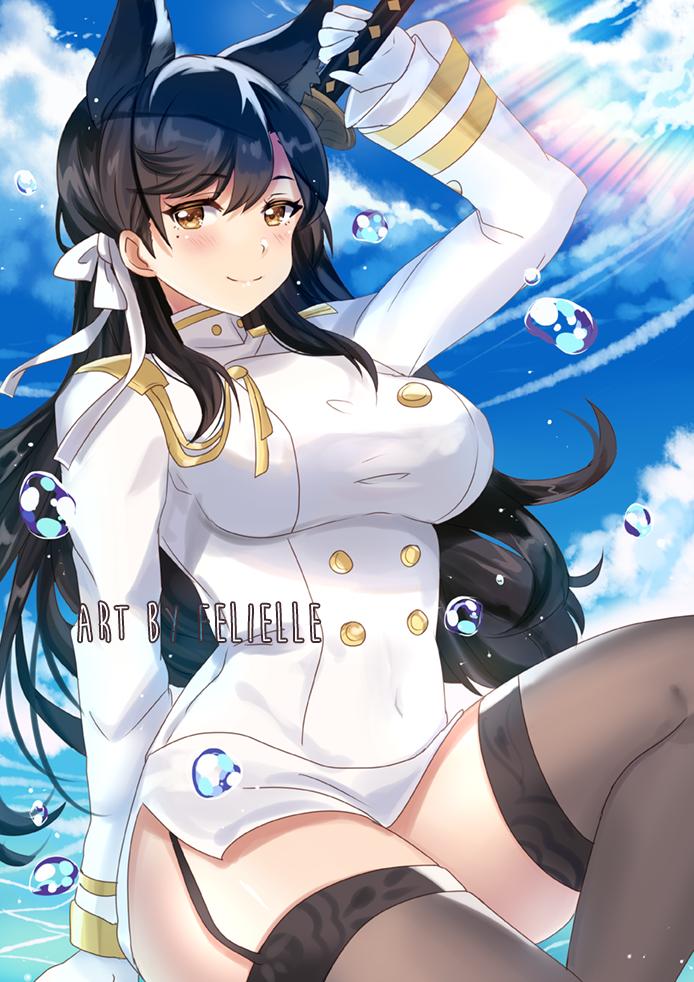 1girl, animal_ears, artist_name, atago_(azur_lane), azur_lane, bangs, black_hair, black_legwear