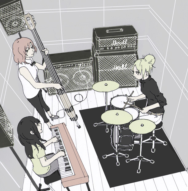 3girls, amplifier, band, belt, black_hair, black_neckwear, black_pants, black_shirt, blonde_hair, bow, bowtie, brown_hair, collared_shirt, cymbals, drum, drum_set, drumsticks, electric_double_bass, from_above, green_shirt, grey_pants, hair_bun, instrument, keyboard_(instrument), long_hair, medium_hair, multiple_girls, music, original, pants, playing_instrument, shirt, short_sleeves, sitting, speaker, standing, white_pants, white_shirt, wide_shot, yokotakumi
