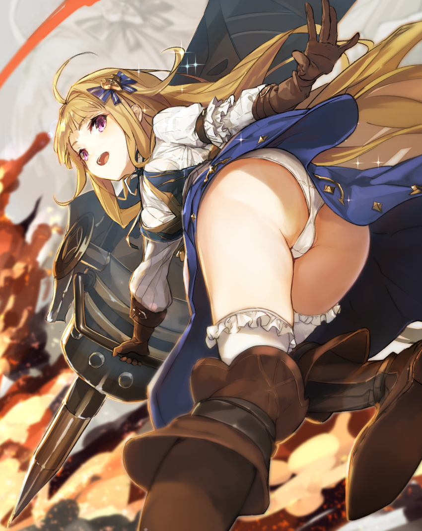 1girl, ahoge, ass, blonde_hair, blue_bow, bow, brown_footwear, brown_gloves, char_(sennen_sensou_aigis), cruel_gz, gloves, hair_bow, highres, long_sleeves, open_mouth, panties, pantyshot, sennen_sensou_aigis, underwear, violet_eyes, white_legwear, white_panties