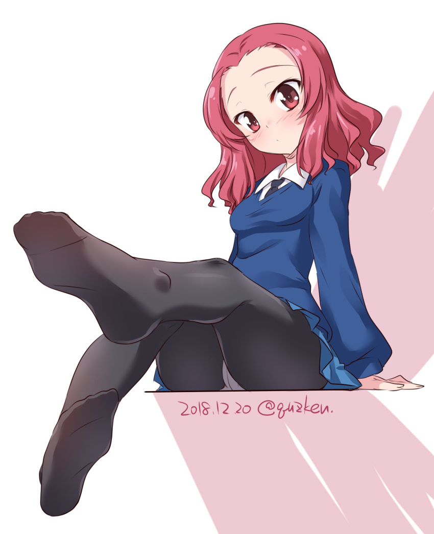 1girl, alternate_eye_color, arm_support, black_legwear, black_neckwear, blue_skirt, blue_sweater, blush, closed_mouth, commentary, dated, dress_shirt, frown, full_body, girls_und_panzer, head_tilt, highres, kuzuryuu_kennosuke, legs_up, long_sleeves, looking_at_viewer, medium_hair, miniskirt, necktie, no_emblem, no_shoes, panties, panties_under_pantyhose, pantyhose, pleated_skirt, red_eyes, redhead, rosehip, school_uniform, shirt, sitting, skirt, solo, st._gloriana's_school_uniform, sweater, twitter_username, underwear, v-neck, white_background, white_shirt, wing_collar