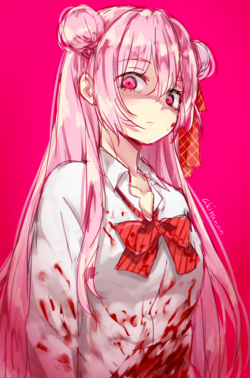 1girl, artist_name, blood, blood_on_face, blood_splatter, bloody_clothes, bow, collarbone