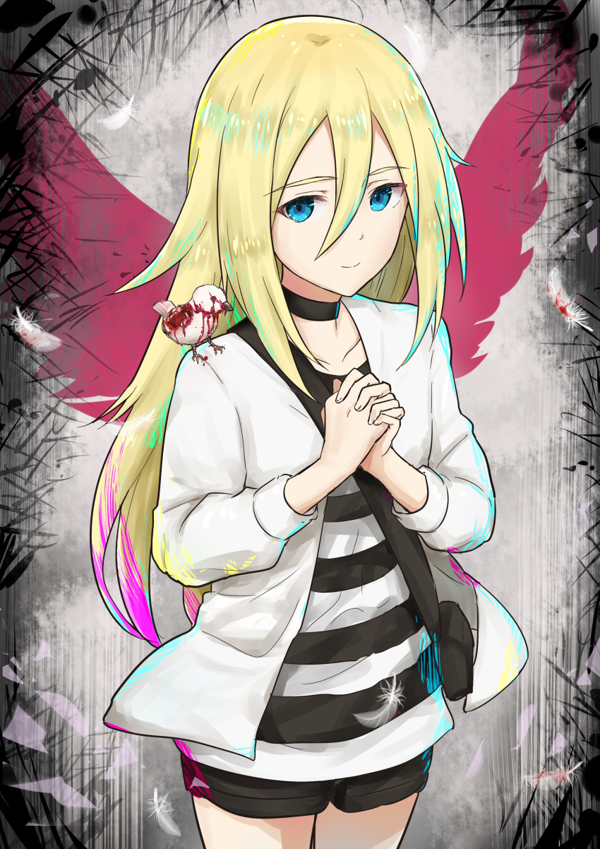 1girl, absurdres, animal, animal_on_shoulder, bird_on_shoulder, black_shorts, blonde_hair, blood