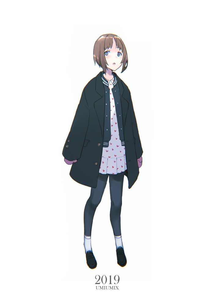 1girl, 2019, :o, artist_name, bangs, black_coat, black_footwear, black_jacket