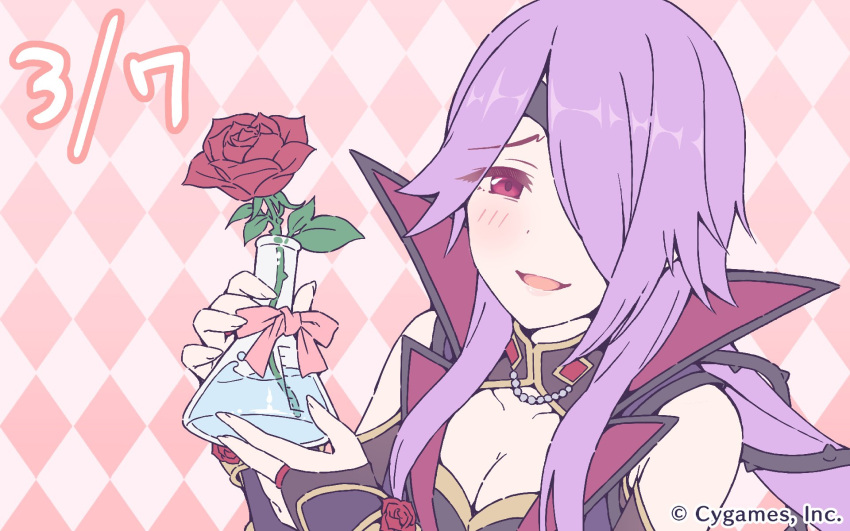 1girl, bare_shoulders, breasts, bridal_gauntlets, cleavage, cleavage_cutout, cygames, flower