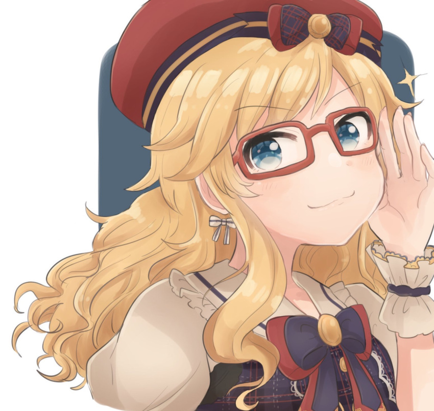 1girl, :3, blonde_hair, blue_eyes, blush, bow, bowtie, breasts, commentary_request, eyebrows_visible_through_hair, face, glasses, hair_bow, hair_ornament, hat, highres, idolmaster, idolmaster_cinderella_girls, long_hair, looking_at_viewer, ootsuki_yui, puffy_short_sleeves, puffy_sleeves, red-framed_eyewear, red_hat, short_sleeves, smile, solo, star, wotsumiki_(sakura-yuzu), wrist_cuffs