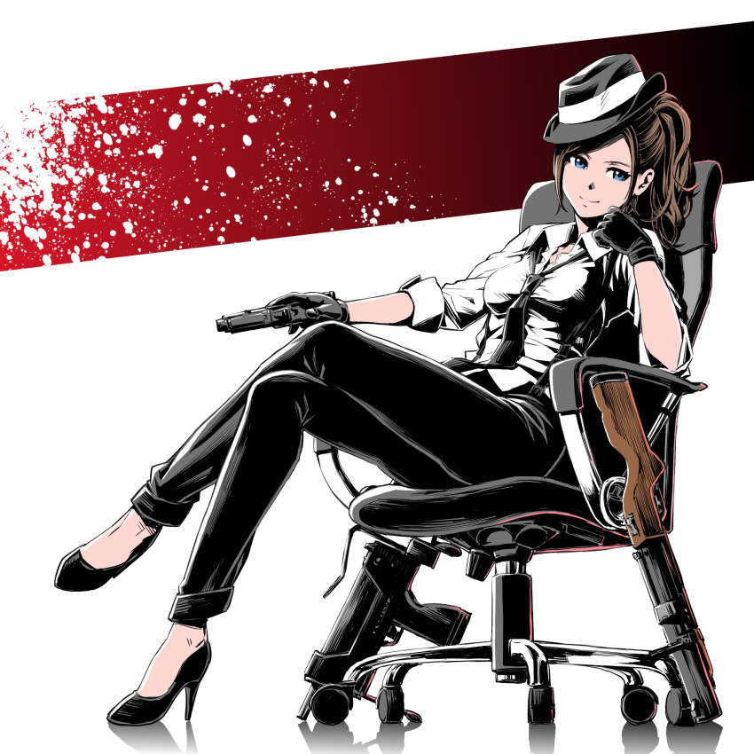 1girl, belt, blue_eyes, breasts, brown_hair, chair, claire_redfield, formal