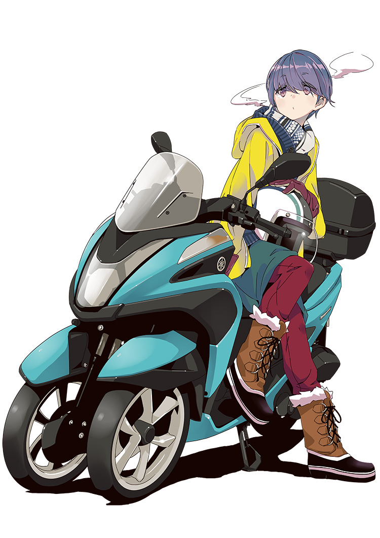 1girl, afro_(kngotezo), blue_hair, boots, eyebrows_visible_through_hair, gloves, ground_vehicle, headwear_removed