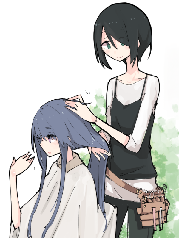 2girls, black_hair, blue_hair, cutting_hair, green_eyes, hands_in_hair, layered_clothing, long_hair