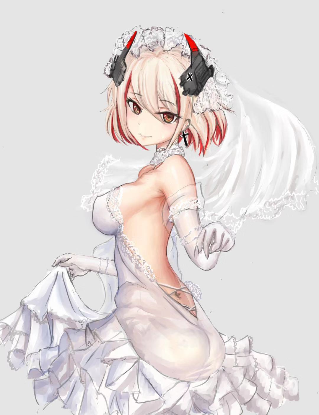 1girl, azur_lane, back_cutout, bare_back, blonde_hair, breasts, bridal_veil, brown_eyes