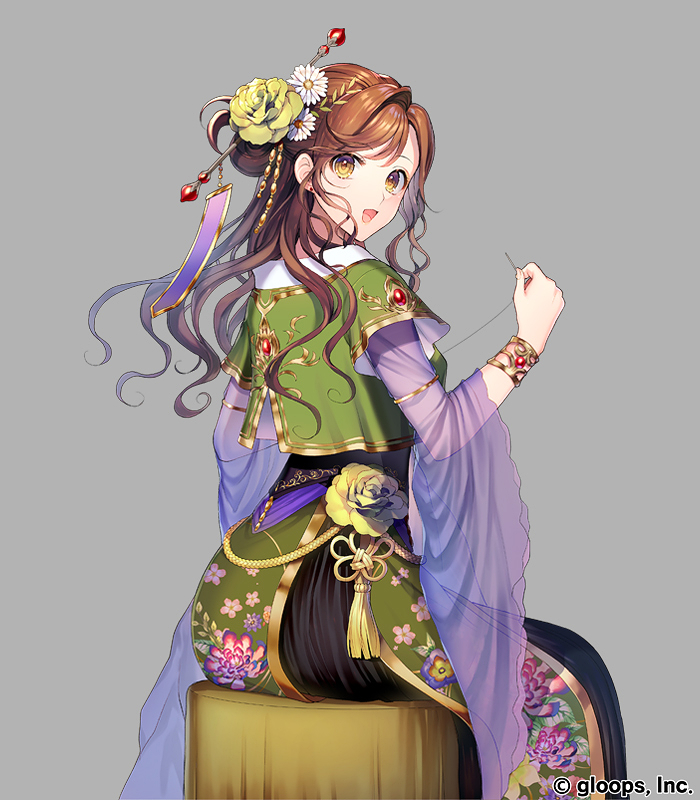 1girl, :d, bracelet, brown_eyes, brown_hair, daisenran!!_sangokushi_battle, floral_print, flower