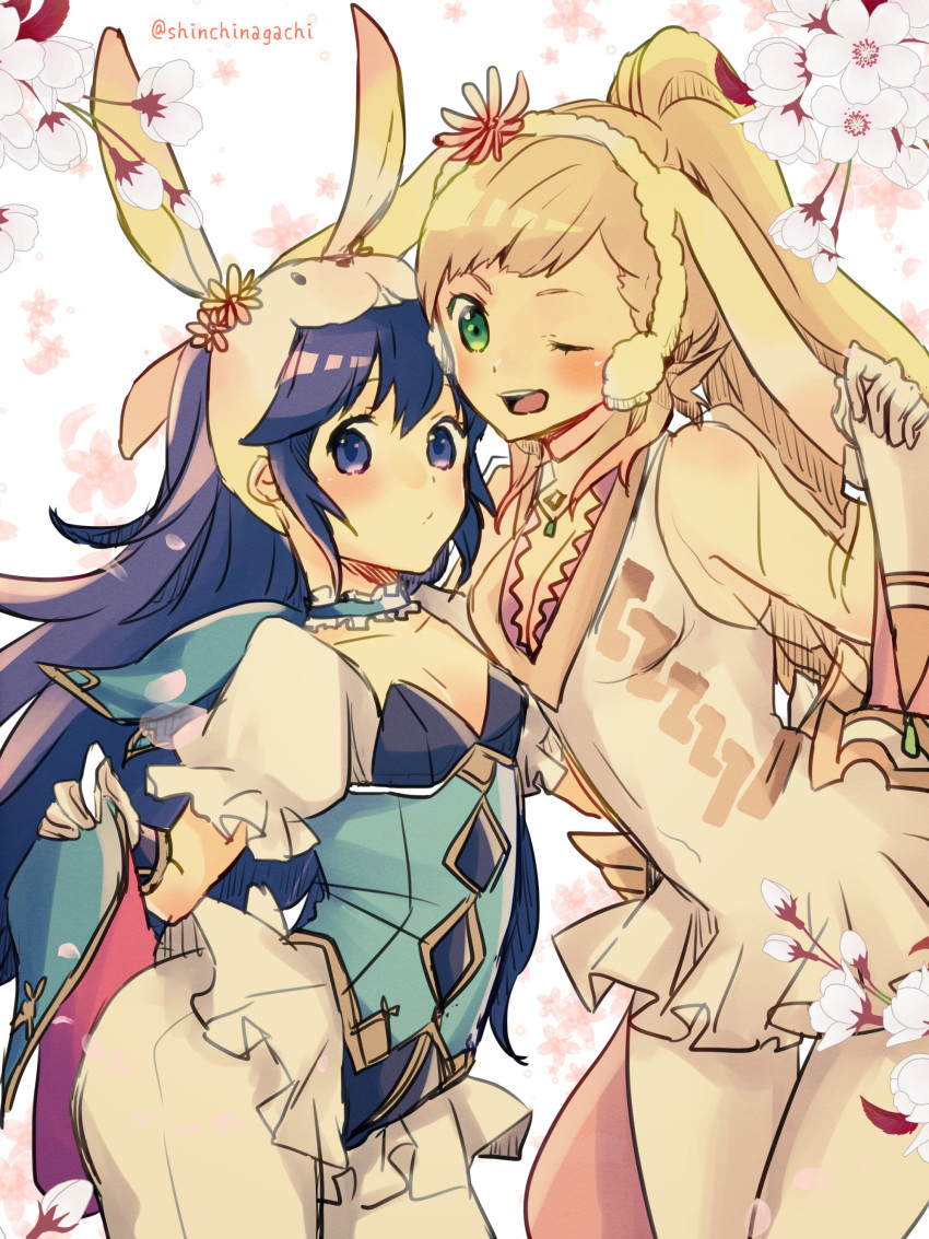 2girls, absurdres, animal_ears, blonde_hair, blue_eyes, blue_hair, blush, bow