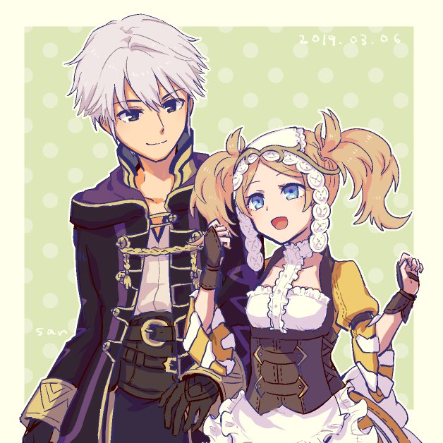 1boy, 1girl, blonde_hair, blue_eyes, blush, dress, fire_emblem, fire_emblem:_kakusei, gloves, hair_ornament, liz_(fire_emblem), long_hair, male_my_unit_(fire_emblem:_kakusei), miuta, my_unit_(fire_emblem:_kakusei), nintendo, open_mouth, short_hair, short_twintails, smile, twintails, white_hair
