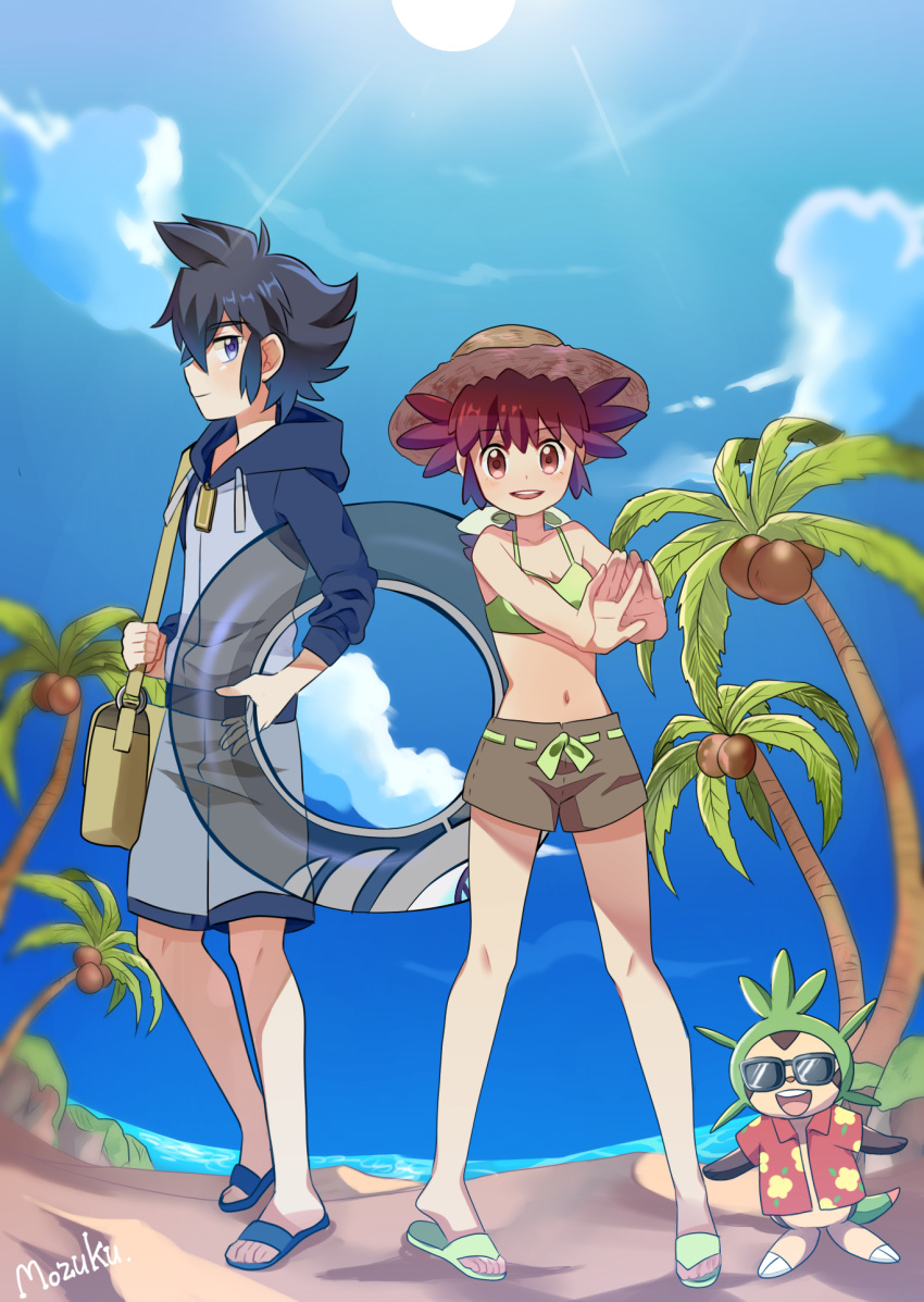 1boy, 1girl, alain_(pokemon), beach, chespin, manon_(pokemon), pokemon_(anime), swimwear