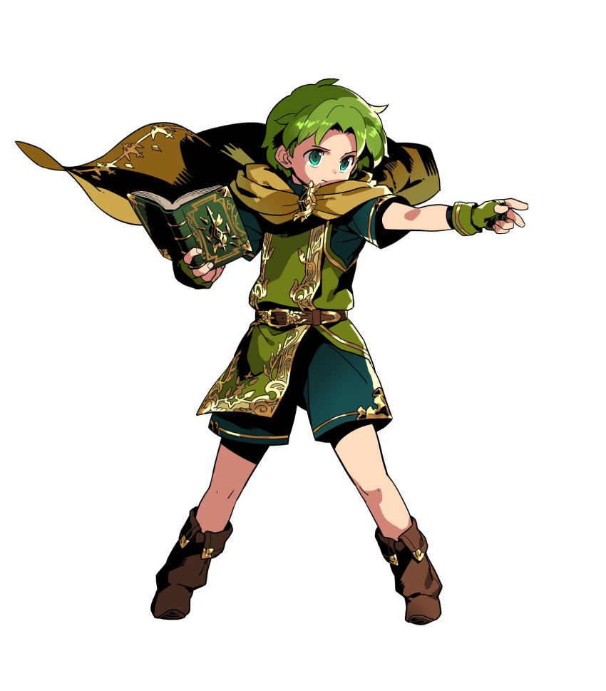 1boy, belt, book, boots, cape, child, fingerless_gloves, fire_emblem, fire_emblem:_fuuin_no_tsurugi, fire_emblem_heroes, full_body, gloves, green_eyes, green_hair, highres, himukai_yuuji, lugh_(fire_emblem), male_focus, nintendo, official_art, solo, transparent_background
