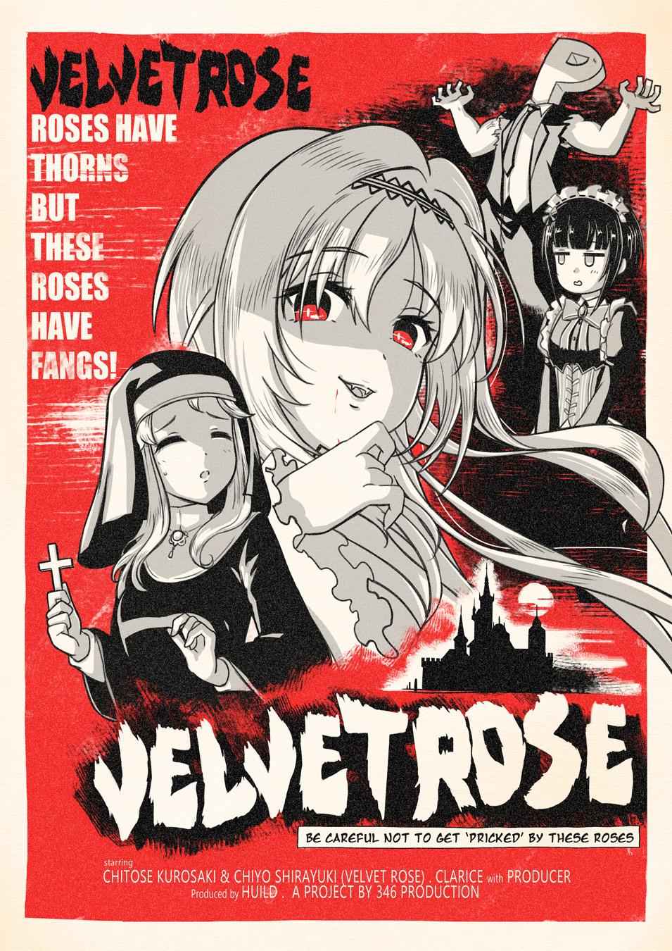 1boy, 3girls, apron, bangs, blood, blush, brooch, castle, character_name, clarice_(idolmaster), closed_eyes, commentary_request, cross, dress, english_text, fangs, greyscale, habit, hair_over_eyes, hairband, highres, huild, idolmaster, idolmaster_cinderella_girls, idolmaster_cinderella_girls_starlight_stage, jewelry, kurosaki_chitose, long_hair, long_sleeves, maid, maid_apron, maid_headdress, monochrome, movie_poster, multiple_girls, necktie, nun, open_mouth, p-head_producer, parody, partially_colored, red_eyes, shirayuki_chiyo, short_hair, smile, very_long_hair