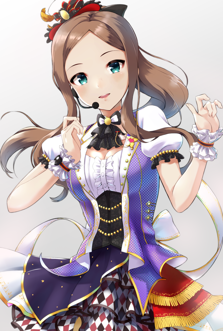 1girl, bangs, blush, breasts, brown_eyes, brown_hair, cleavage, commentary_request