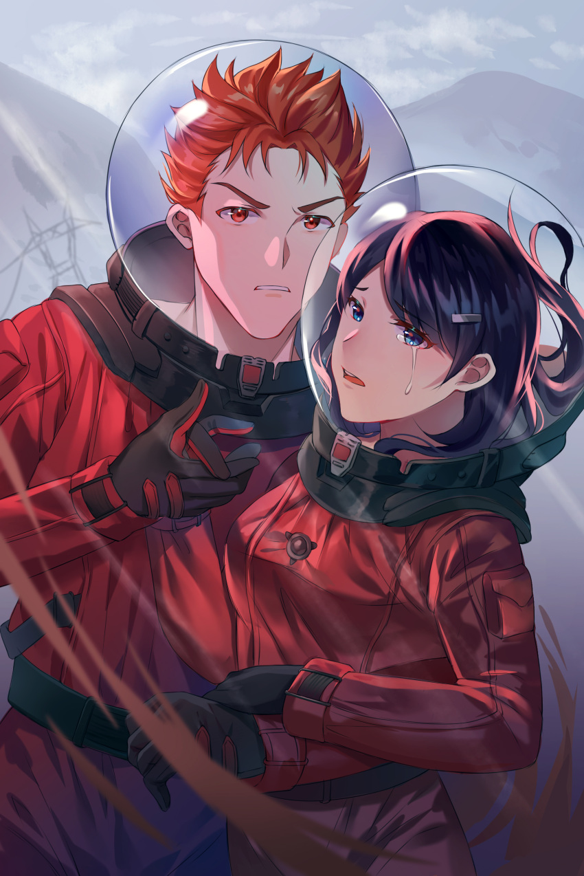 1boy, 1girl, absurdres, astronaut_helmet, black_gloves, black_hair, blue_eyes, crying, crying_with_eyes_open, frown, gloves, hair_ornament, hairclip, hand_holding, highres, lingzi_sang, long_hair, looking_at_viewer, mountain, open_mouth, orange_hair, original, outdoors, red_eyes, tears